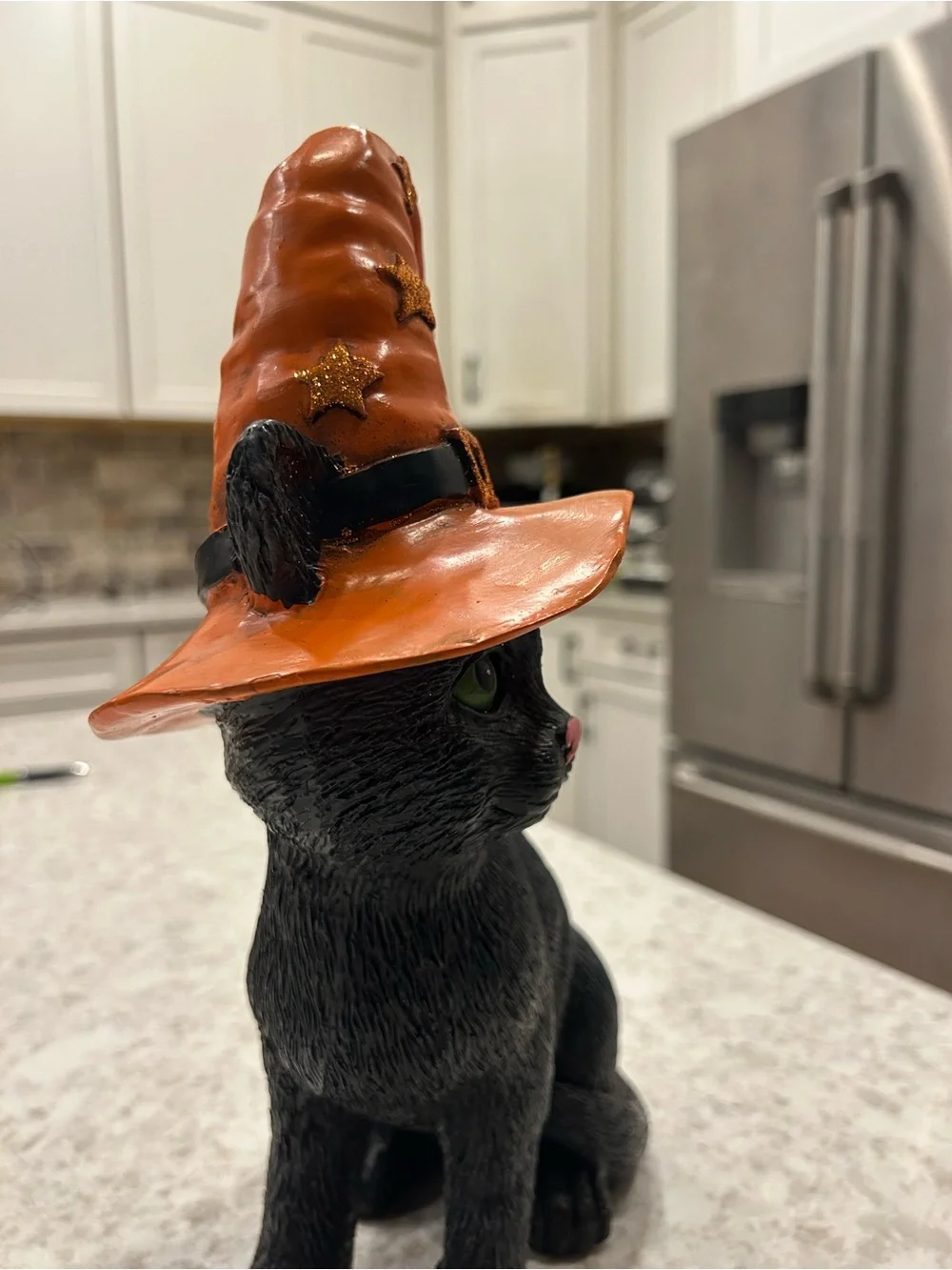 “New” Black Cat Halloween Figurine with Orange Witch Hat